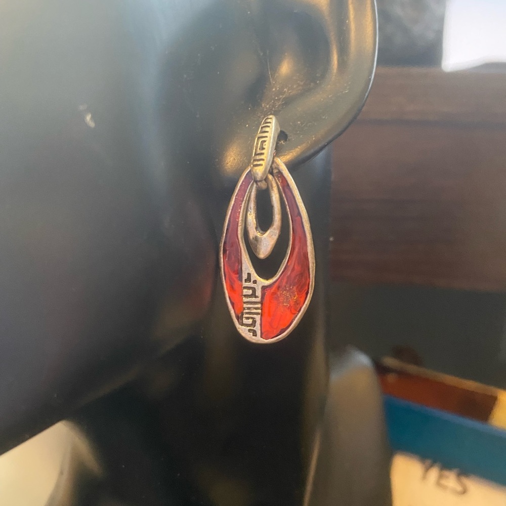 NIB Chico’s tribal pewter acrylic red silver earrings. 1 3/4”